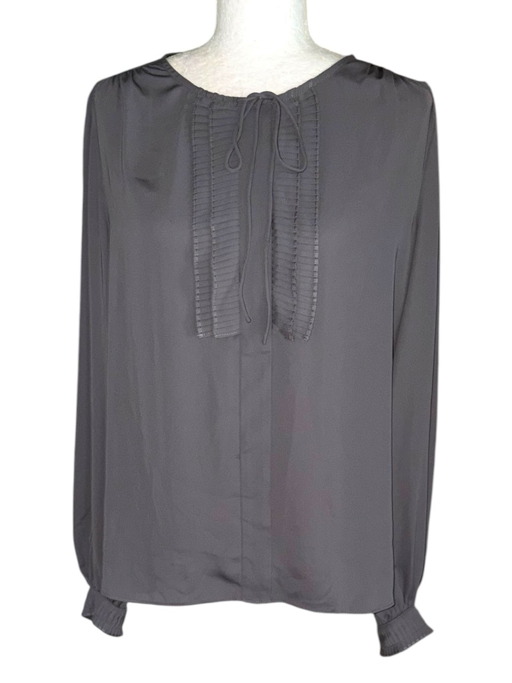 NWT Current Air Anthropologie Gray Pleated Ruffle Front Tie Neck Blouse - L